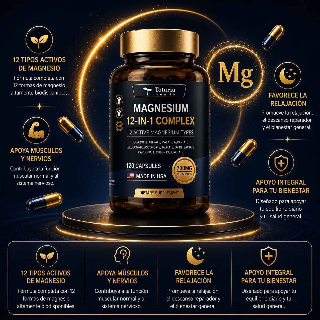 MAGNESIUM 12 EN 1 COMPLEX: 2 Formas de Magnesio. Una Cápsula. Resultados Completos.