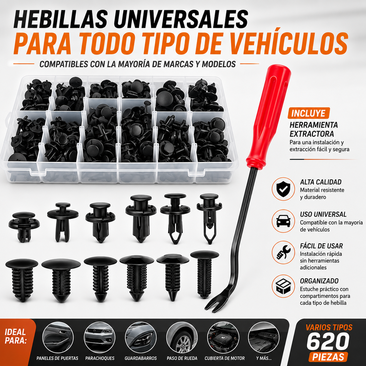 Juego de 620 clips universales para tornillos de expansión: varios tamaños, agarre fuerte y fácil instalación 🛠️🚗