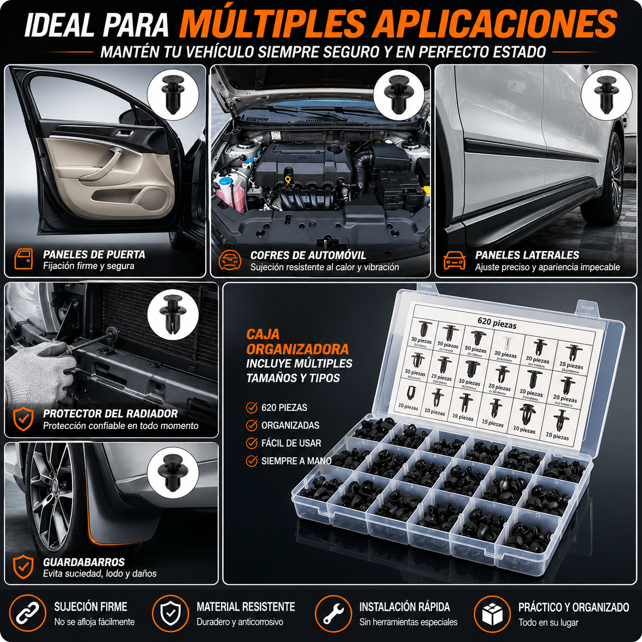 Juego de 620 clips universales para tornillos de expansión: varios tamaños, agarre fuerte y fácil instalación 🛠️🚗